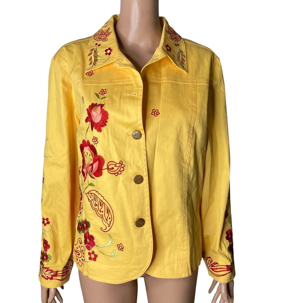 Coldwater Creek Jacket Womens Large Petite Yellow Red Floral Embroidered